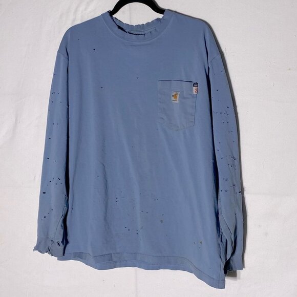 Carhartt Blue Distressed Destroyed Very Worn In Long Sleeve Crew Neck Shirt L - Picture 1 of 16